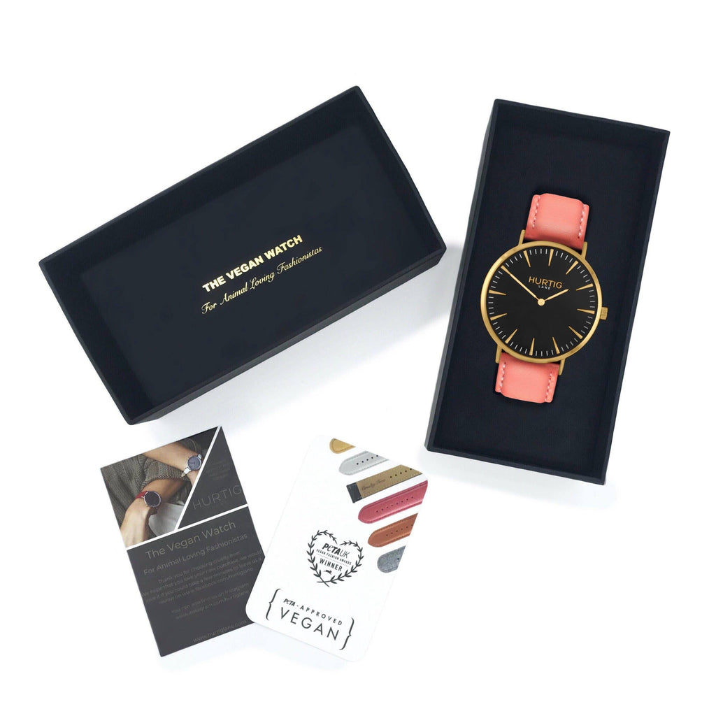 Mykonos Vegan Leather Watch Gold, Black and coral Watch Hurtig Lane Vegan Watches