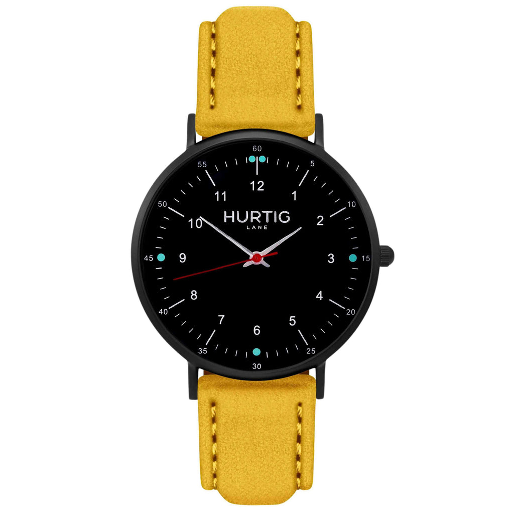 Moderno Vegan Suede Watch All Black & Mustard Watch Hurtig Lane Vegan Watches