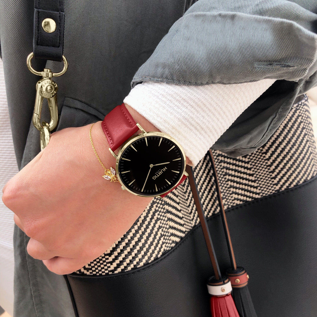 Mykonos Vegan Leather Watch Gold, Black and red Watch Hurtig Lane Vegan Watches