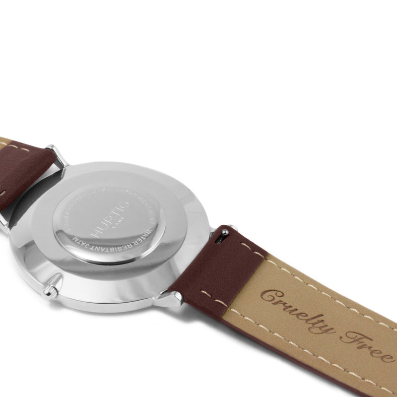 Mykonos Vegan Leather Watch Silver, White & Chestnut Watch Hurtig Lane Vegan Watches