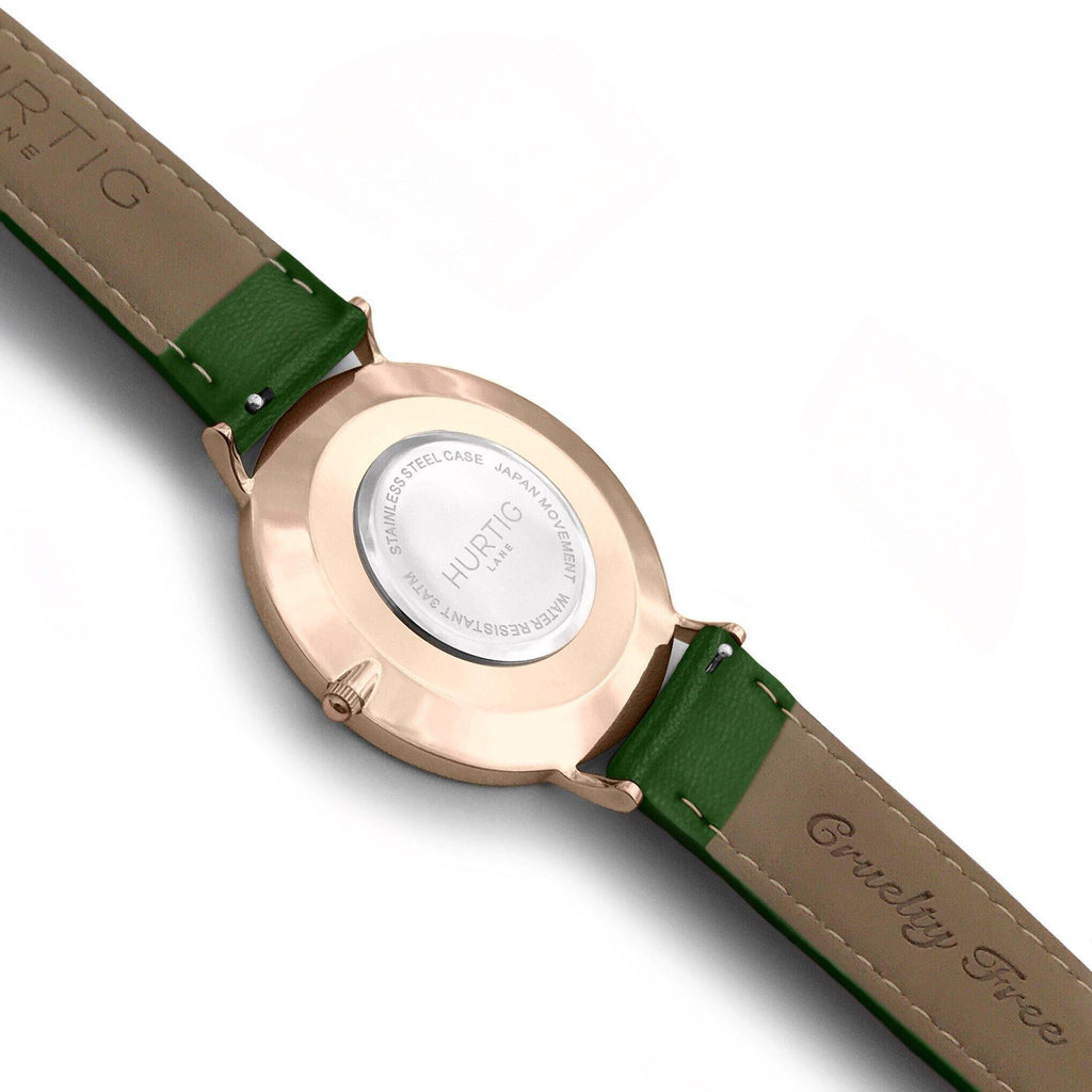 Vegan leather watch rose gold and green- hurtig lane- vegane uhren