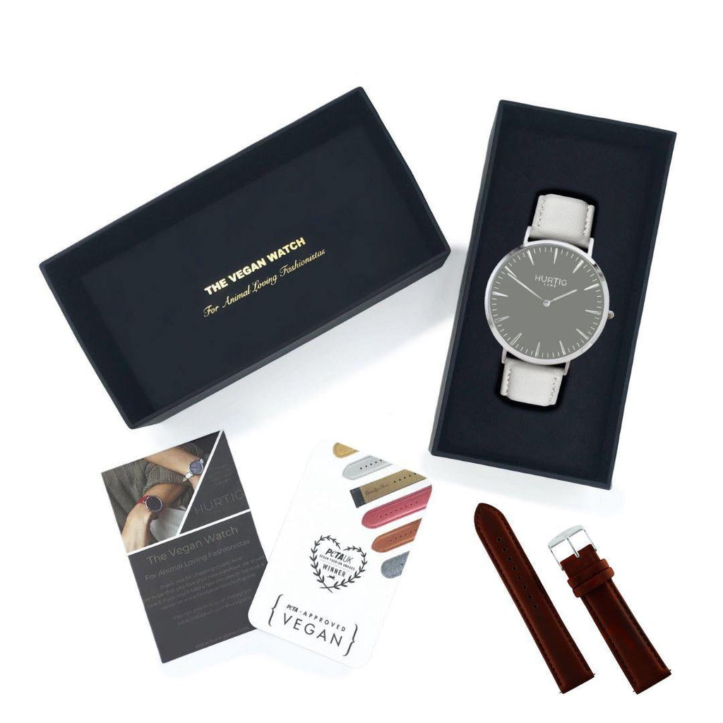 Vegan friendly gift set. Vegan watch silver/grey and brown strap