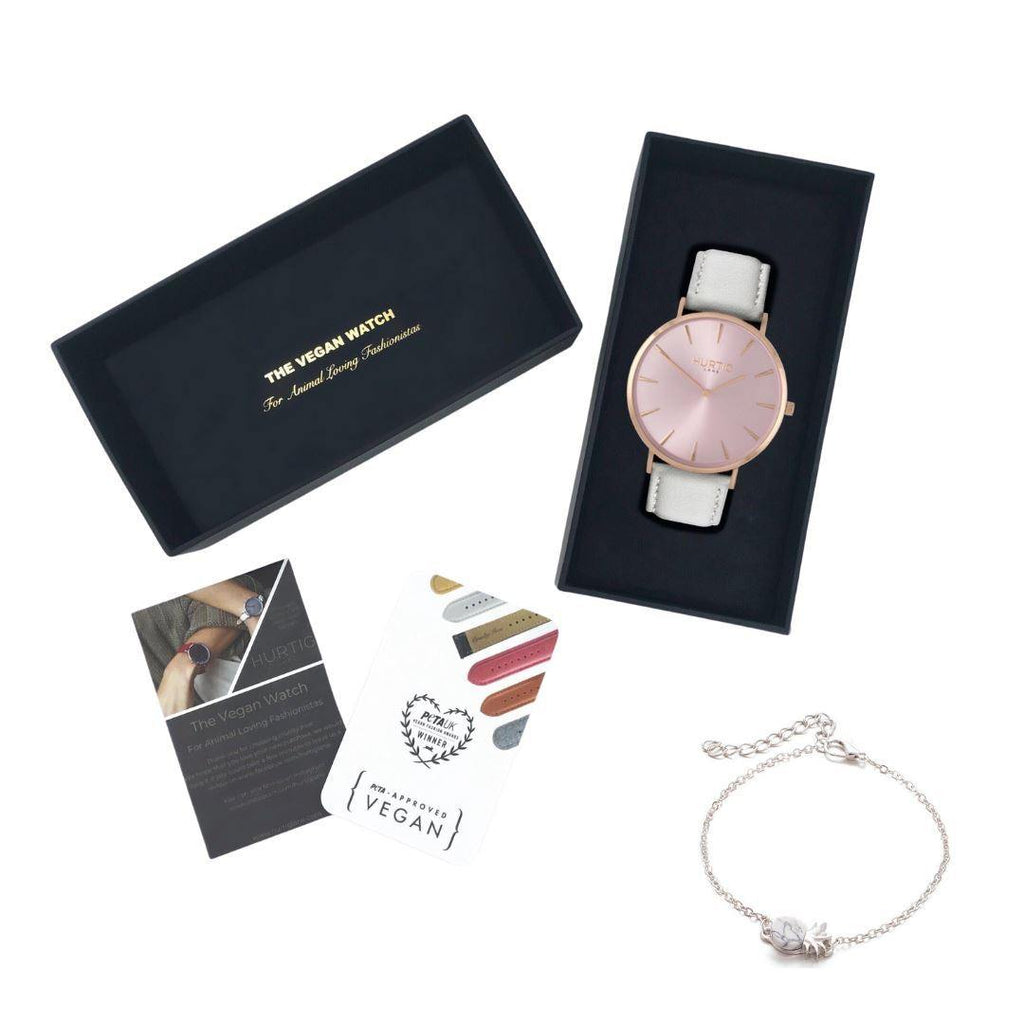 Vegan friendly gift set. All rose/grey vegan watch and silver bracelet